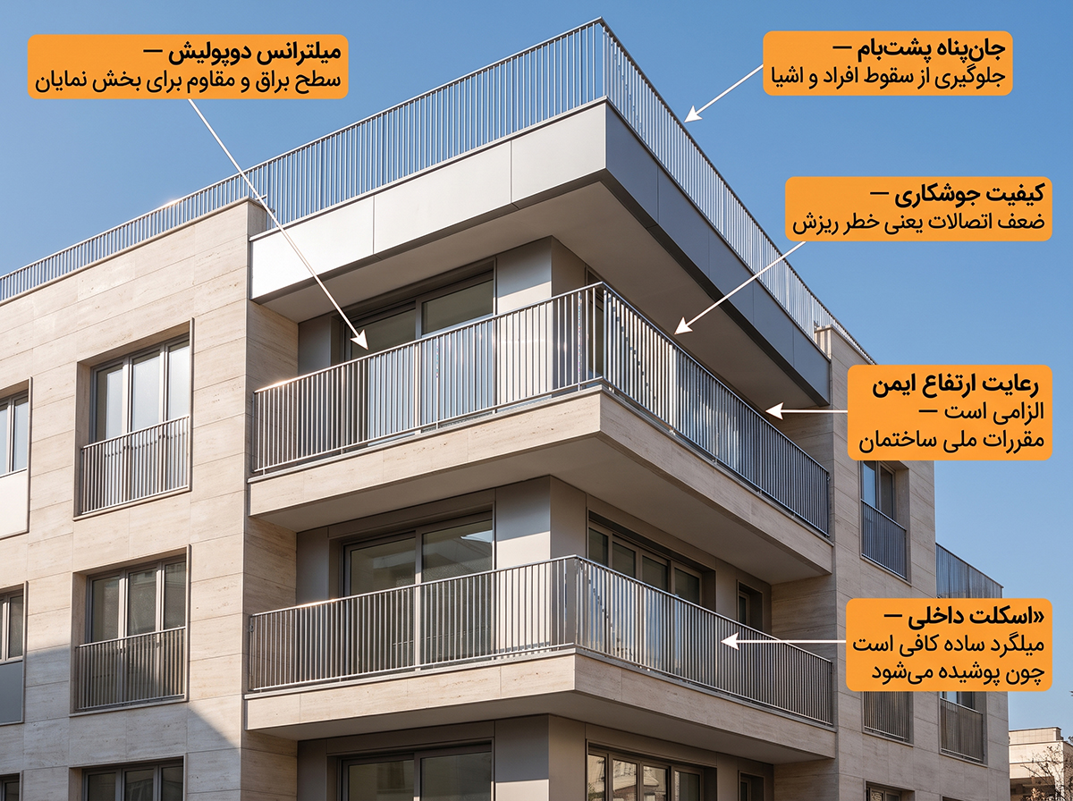 جان پناه فلزی پشت بام ساخته شده با میلترانس
